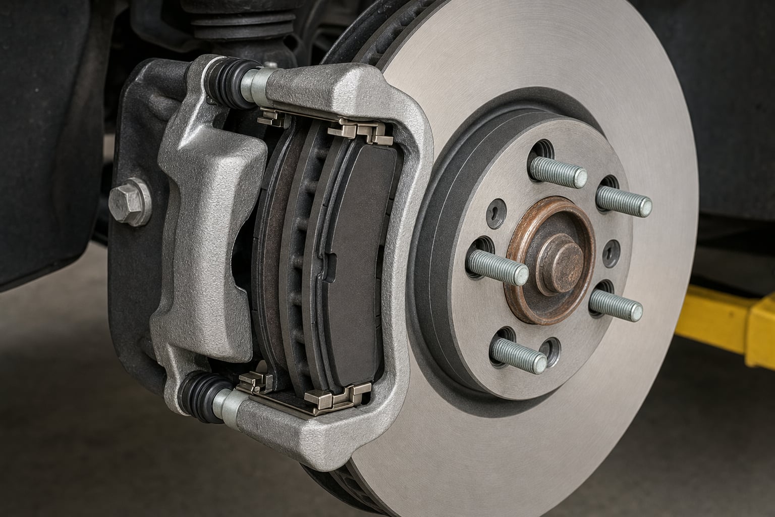 Floating brake caliper with guide pins, pad clips, pads, and rotor visible