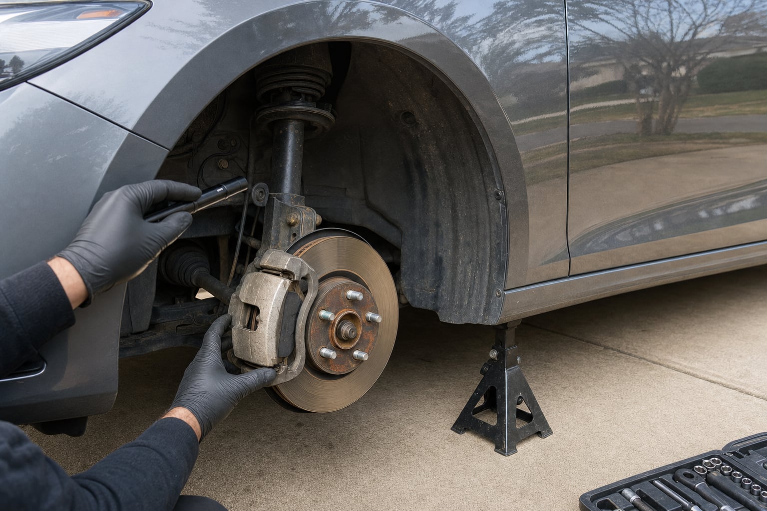 Brake caliper and rotor being inspected on a safely supported passenger car