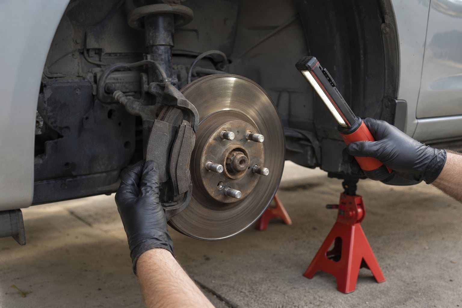 Brake rotor and pads being inspected on a safely supported passenger car